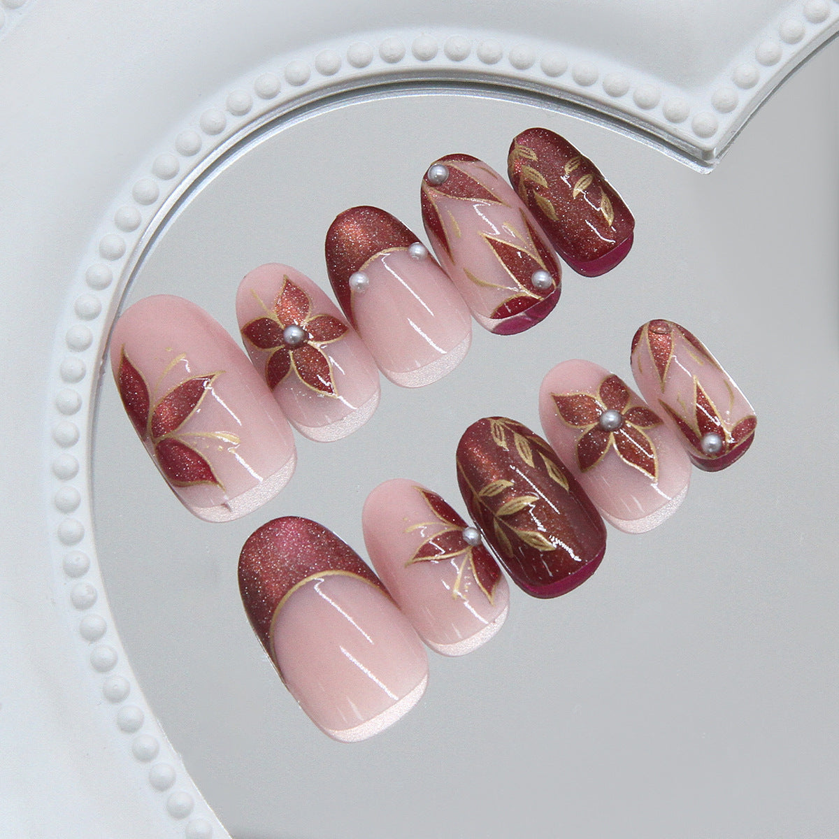 Enchanted Blossom Medium Oval Burgundy and Blush Nail Set with Elegant Floral Accents