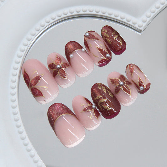 Enchanted Blossom Medium Oval Burgundy and Blush Nail Set with Elegant Floral Accents