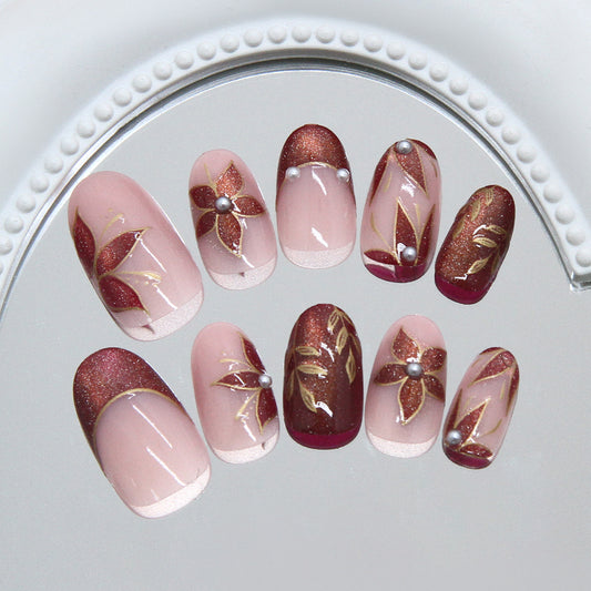 Enchanting Floral Elegance Medium Oval Burgundy and Soft Pink with Glitter and Pearl Accents Press on Nail Set
