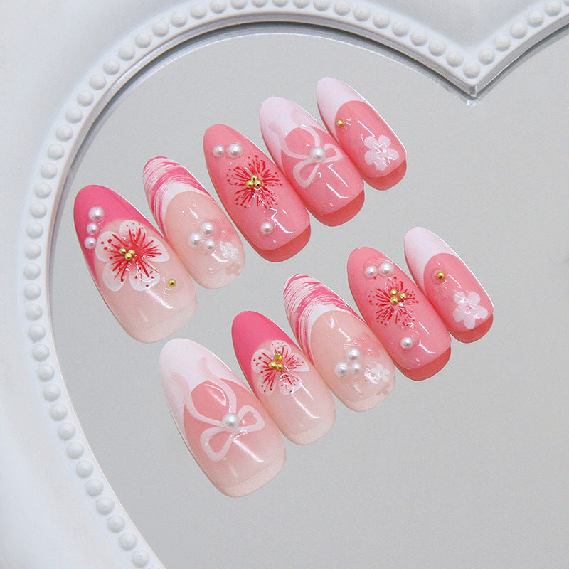 Blossom Dream Long Almond Pink Ombre with Floral and Pearl Accents Press On Nail Set