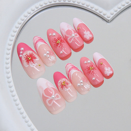 Blossom Dream Long Almond Pink Ombre with Floral and Pearl Accents Press On Nail Set