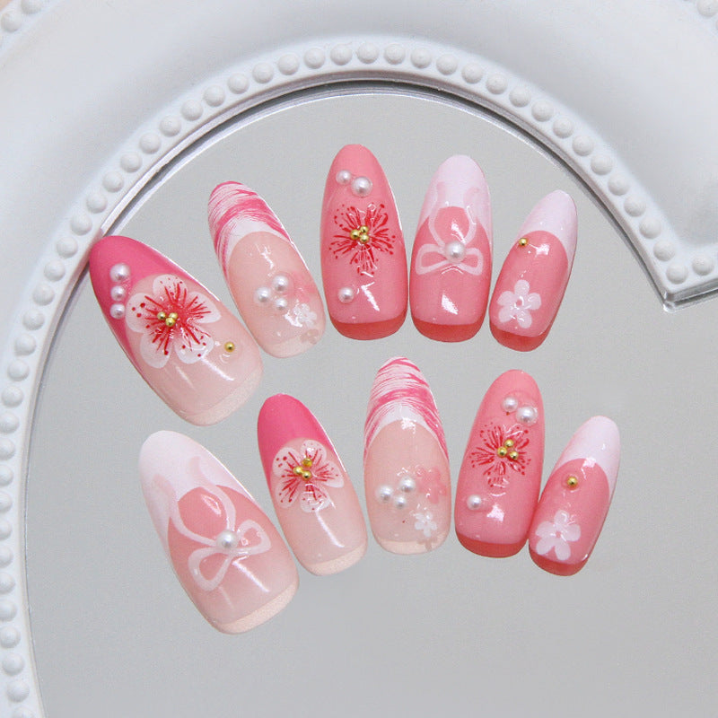 Blossom Garden Long Almond Pink Nail Set with Floral Designs and Pearls
