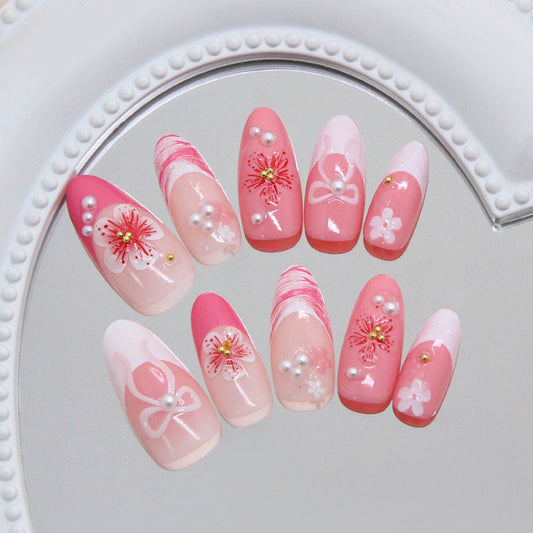 Blossom Garden Long Almond Pink Nail Set with Floral Designs and Pearls