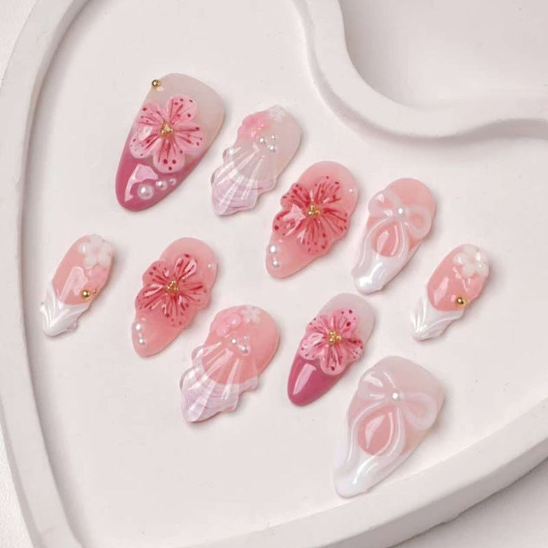 Blossoming Elegance Long Almond Pink Floral Nail Set with Pearl Accents