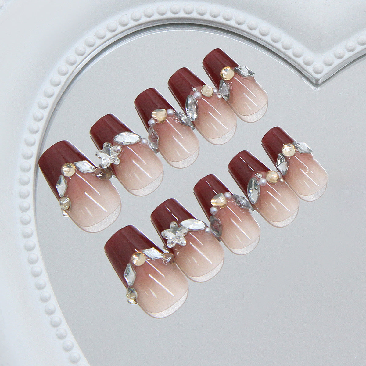 Elegant Royal Glamour Long Coffin Burgundy Press On Nail Set with Sparkling Floral Accents