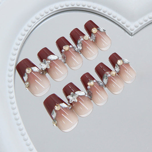 Elegant Royal Glamour Long Coffin Burgundy Press On Nail Set with Sparkling Floral Accents