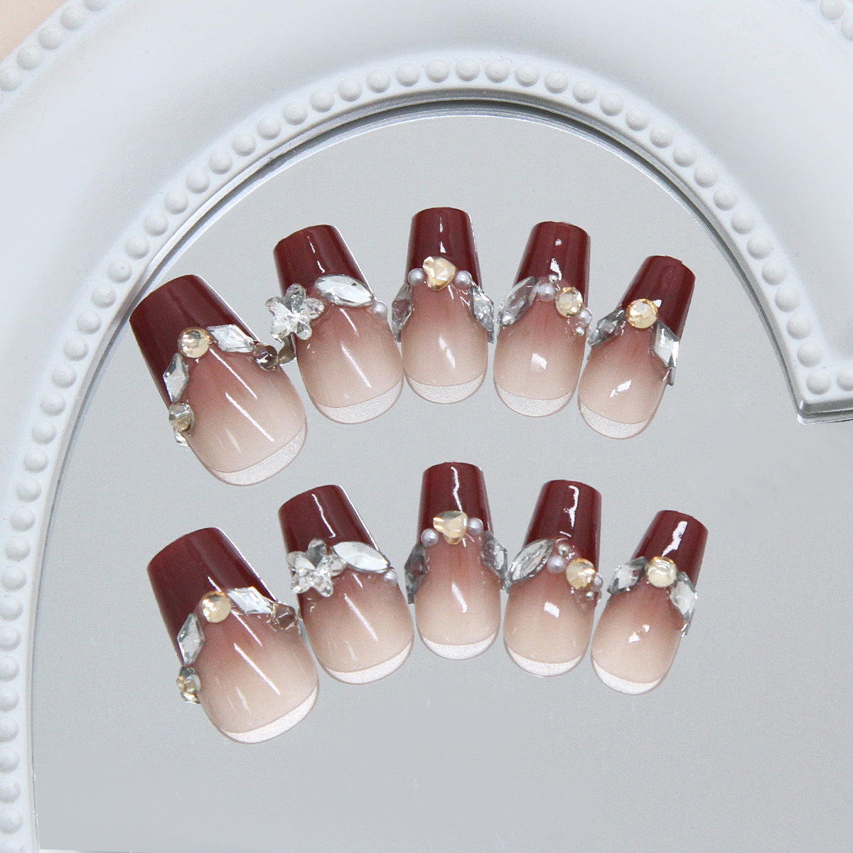 Elegant Autumn Charm Long Coffin Burgundy Ombre Two-Tone Press On Nail Set with Gemstone Accents