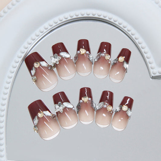 Elegant Autumn Charm Long Coffin Burgundy Ombre Two-Tone Press On Nail Set with Gemstone Accents