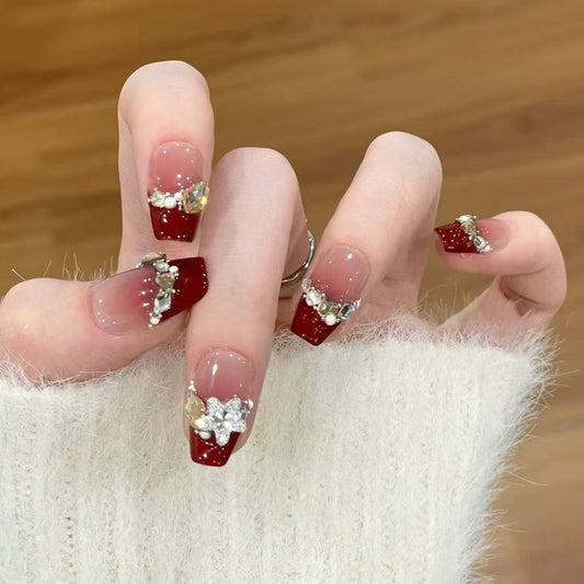 Glamorous Winter Elegance Long Coffin Burgundy Press On Nail Set with Sparkling Floral Embellishments