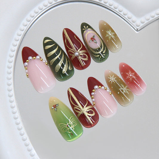 Festive Elegance Extra Long Almond Green Red and Pink Glossy Press On Nail Set with Glittering Holiday Designs