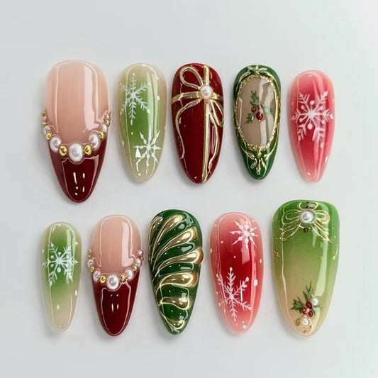 Festive Wonderland Long Almond Red and Green with Elegant Holiday Decor Press-on Nail Set