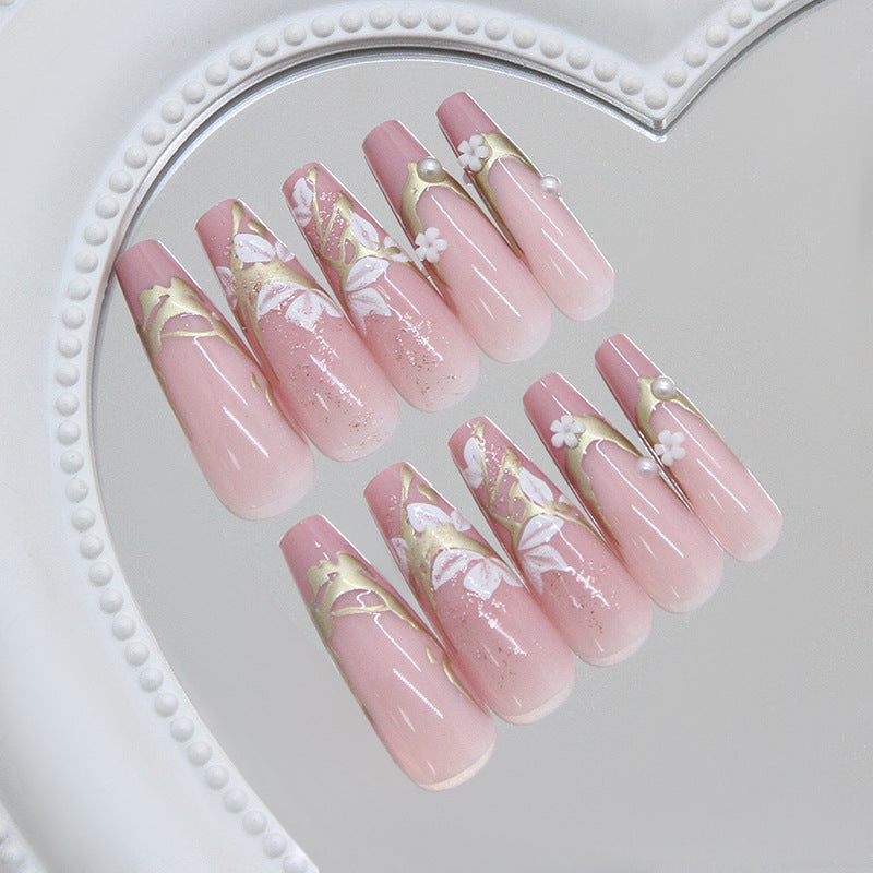 Blossom Elegance Long Coffin Pink Floral Design Press On Nail Set