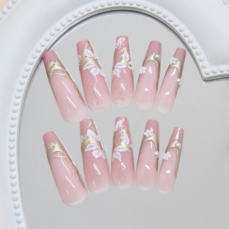 Blossom Dream Pink Long Coffin Shape Press On Nail Set with Elegant Floral Design
