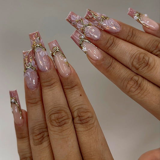 Botanical Elegance Long Square Pink Press On Nail Set with Stunning Floral Gold Accents