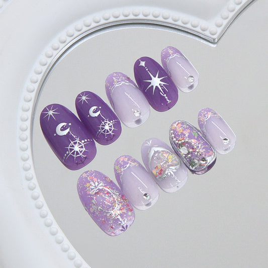 Celestial Dream Short Oval Purple Press on Nail Set with Glittering Stars and Floral Accents