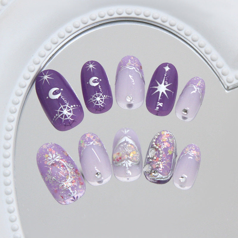 Celestial Dreams Short Oval Purple Nail Set with Glitter and Starry Accents