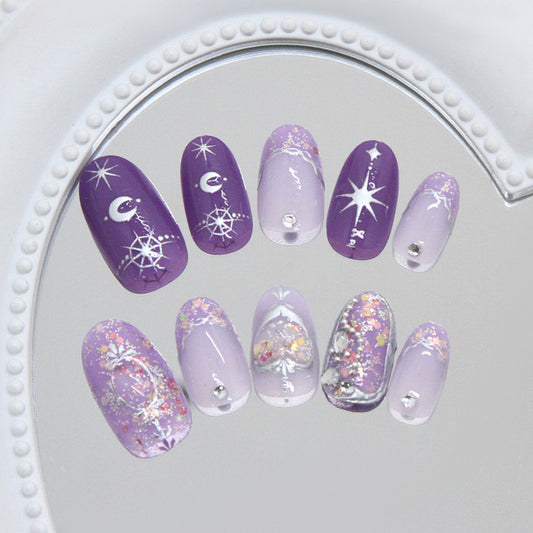 Celestial Dreams Short Oval Purple Nail Set with Glitter and Starry Accents