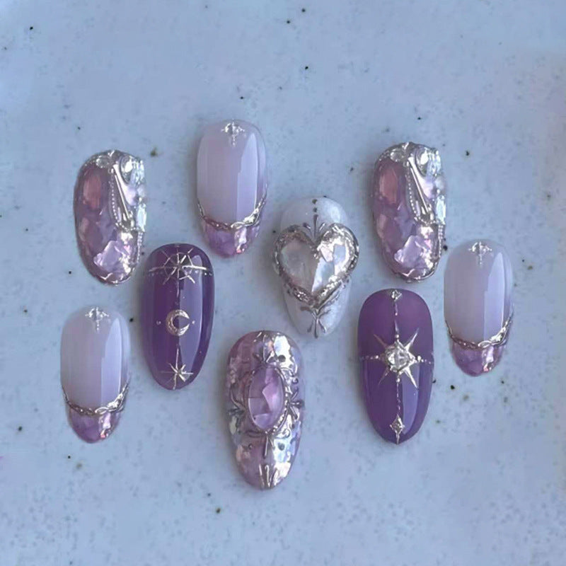 Cosmic Dreams Medium Almond Lavender and Purple Press On Nail Set with Glittering Gemstone Accents