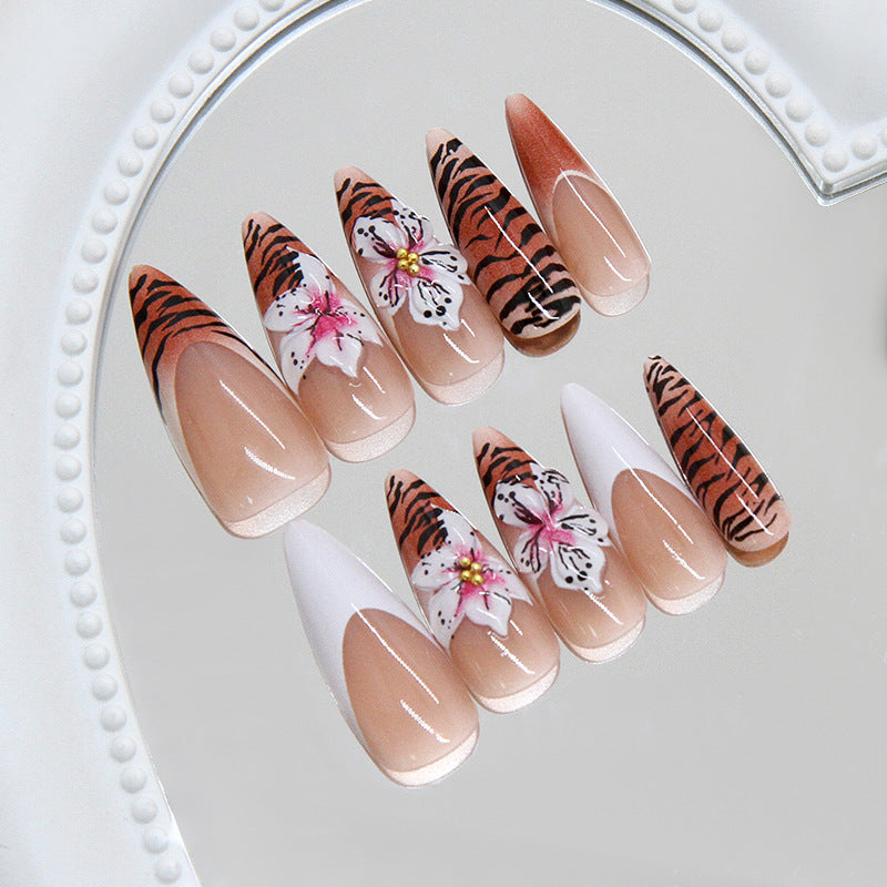 Savannah Sunset Extra Long Almond Shaped Brown and White with Floral and Tiger Stripes Press on Nail Set