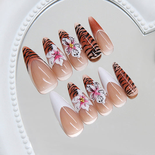 Savannah Sunset Extra Long Almond Shaped Brown and White with Floral and Tiger Stripes Press on Nail Set
