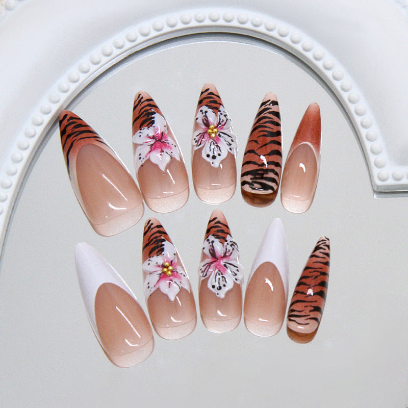 Wild Elegance Long Almond Press on Nail Set in Long Almond Shape with Striking Orange Tiger Stripes and Delicate Floral Accents