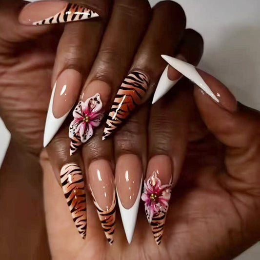 Jungle Chic Long Stiletto Orange and Brown Marble Print with Floral Accent Press-On Nail Set