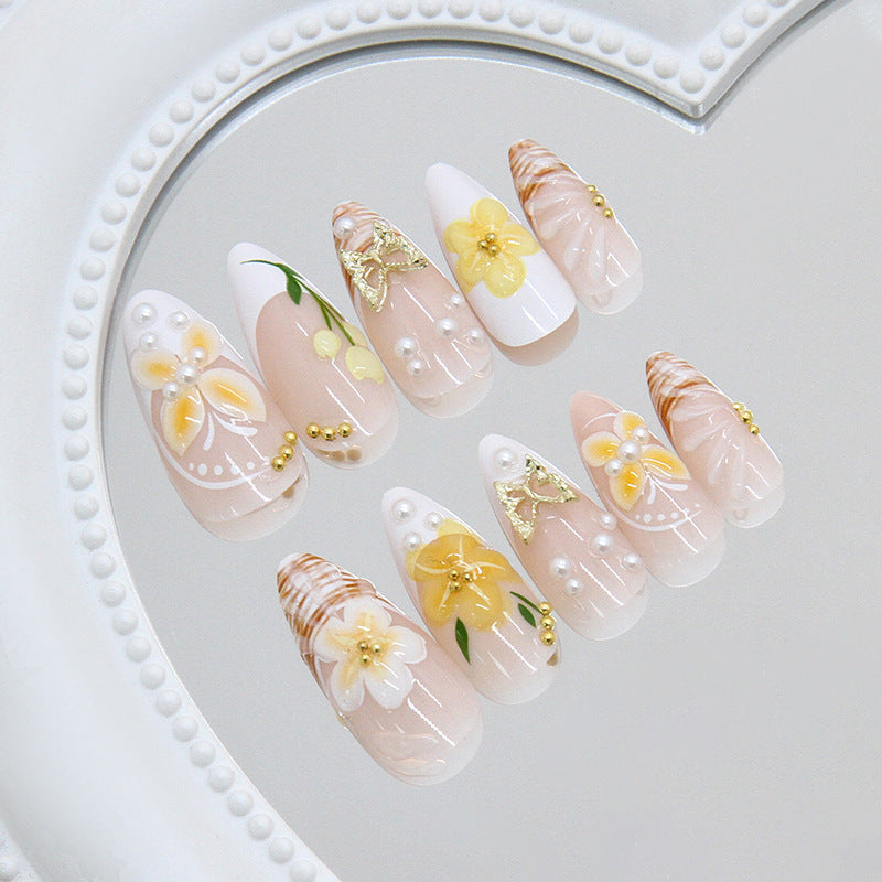 Sunshine Blossom Inspired Floral Long Almond Shaped Beige Press On Nail Set with Elegant Pearl and Gold Accents