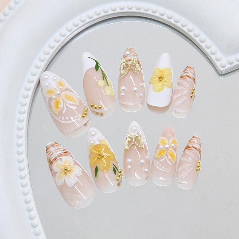 Sweet Floral Elegance Long Almond Shaped Transparent Yellow and White Press On Nail Set with Charming Gold Accents