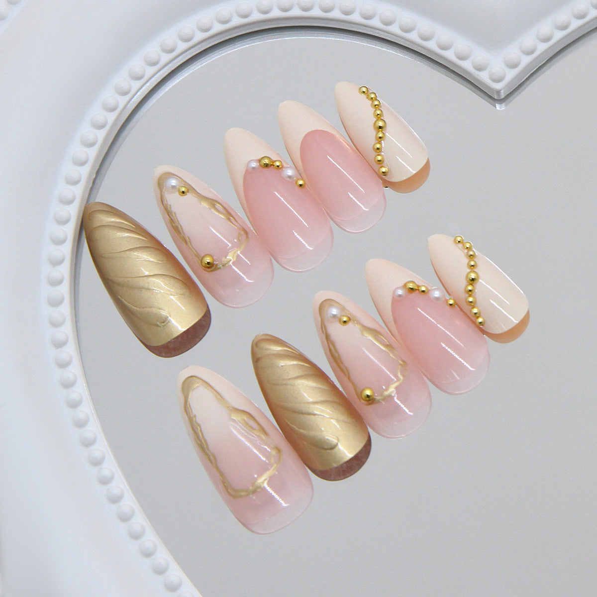 Glamorous Serenity Long Almond Pink and Gold Nail Set with Elegant Bead Details