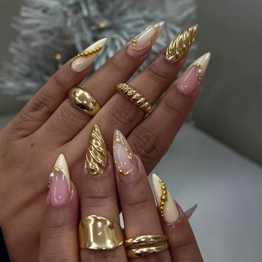 Glamorous Elegance Long Stiletto White and Beige Press On Nail Set with Unique Gold Accents