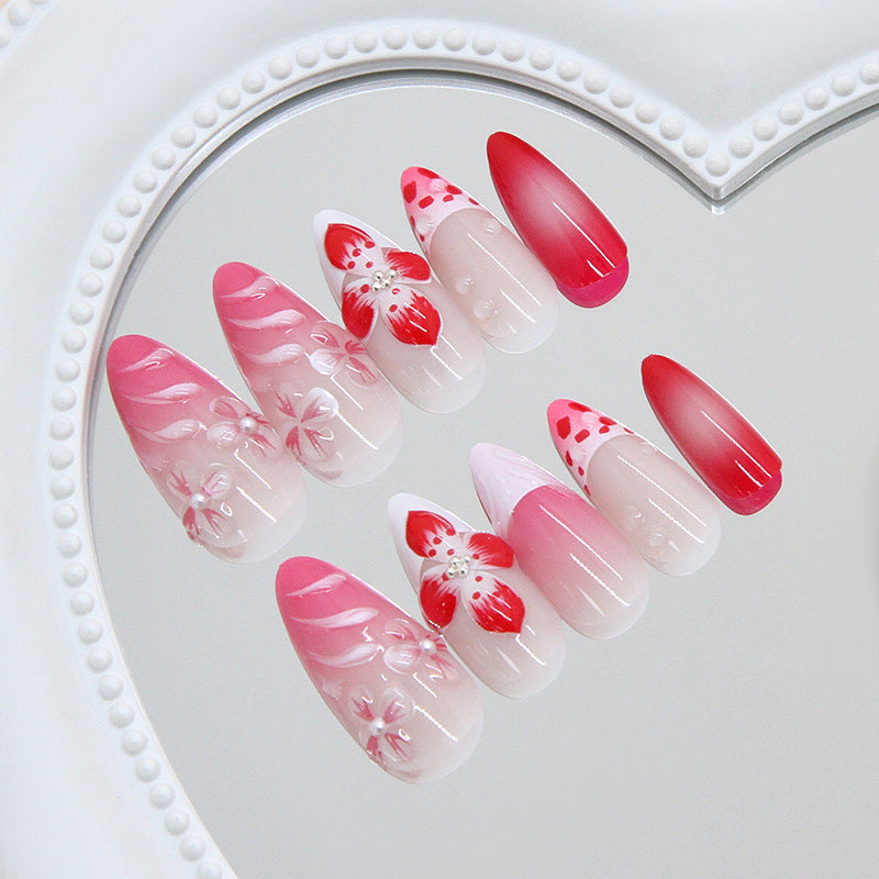 Blossoming Romance Long Almond Pink Gradient Nail Set with Floral Art Design