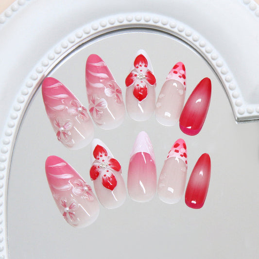 Floral Fantasy Long Stiletto Pink Ombre Press On Nail Set with Artistic Flower Designs