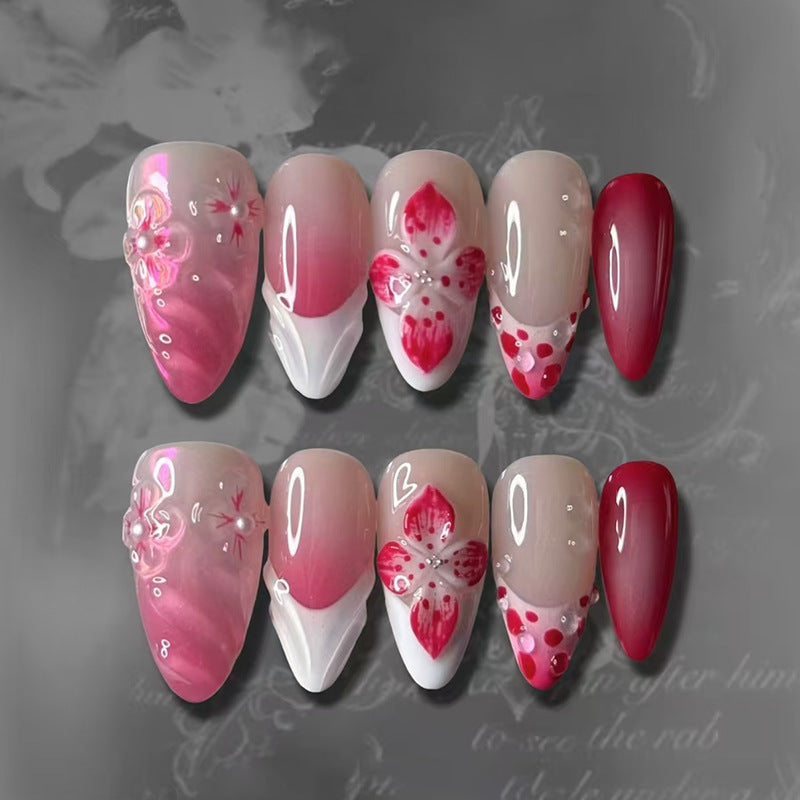 Blossoming Elegance Long Almond Pink Ombre Nail Set with Floral Embellishments