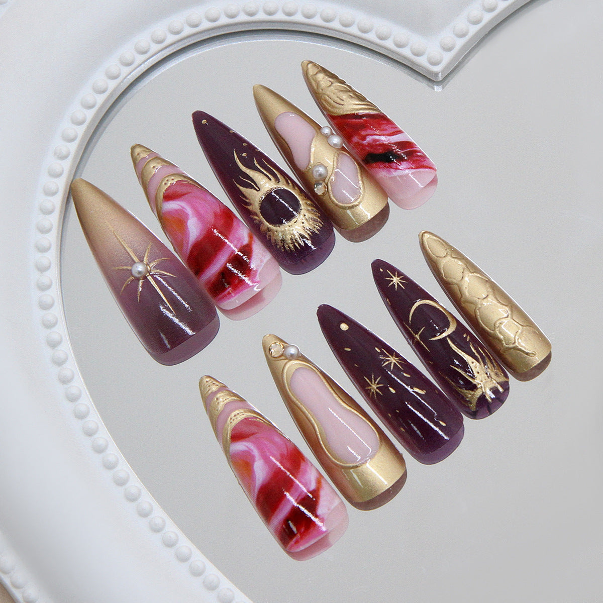 Celestial Elegance Long Stiletto Purple and Pink Press on Nails with Gold Detailing