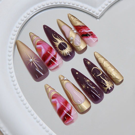 Celestial Elegance Long Stiletto Purple and Pink Press on Nails with Gold Detailing