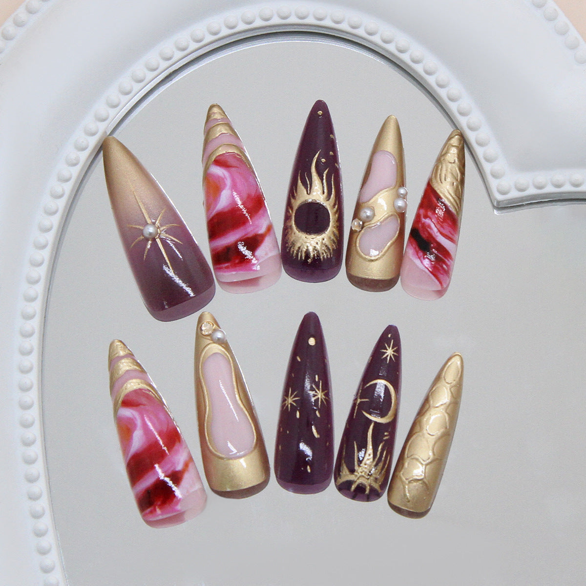 Celestial Dream Press On Nail Set Long Stiletto Purple with Gold Accents and Unique Artistic Patterns