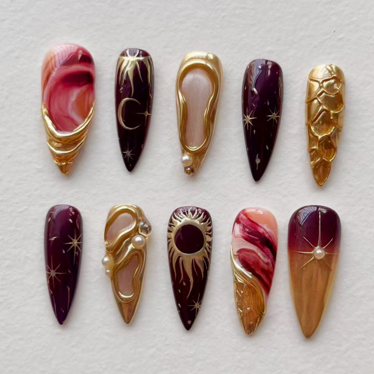 Celestial Glamour Long Stiletto Deep Burgundy and Marble with Gold Accents Press On Nail Set