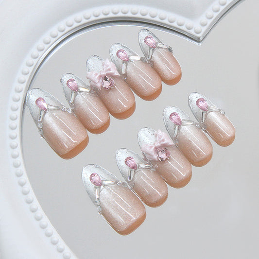 Glamorous Dreamland Medium Oval Shape Blush Pink Base with Sparkling Crystal Accents Press On Nail Set