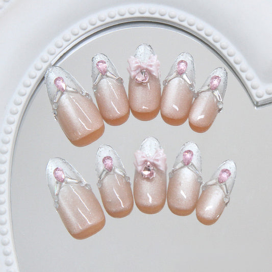 Whimsical Elegance Medium Oval Pink Ombre with Glitter and Bow Nail Set