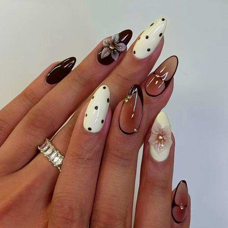 Whimsical Floral Elegance Long Almond Brown and White Gradient with Embellished Flower Accents