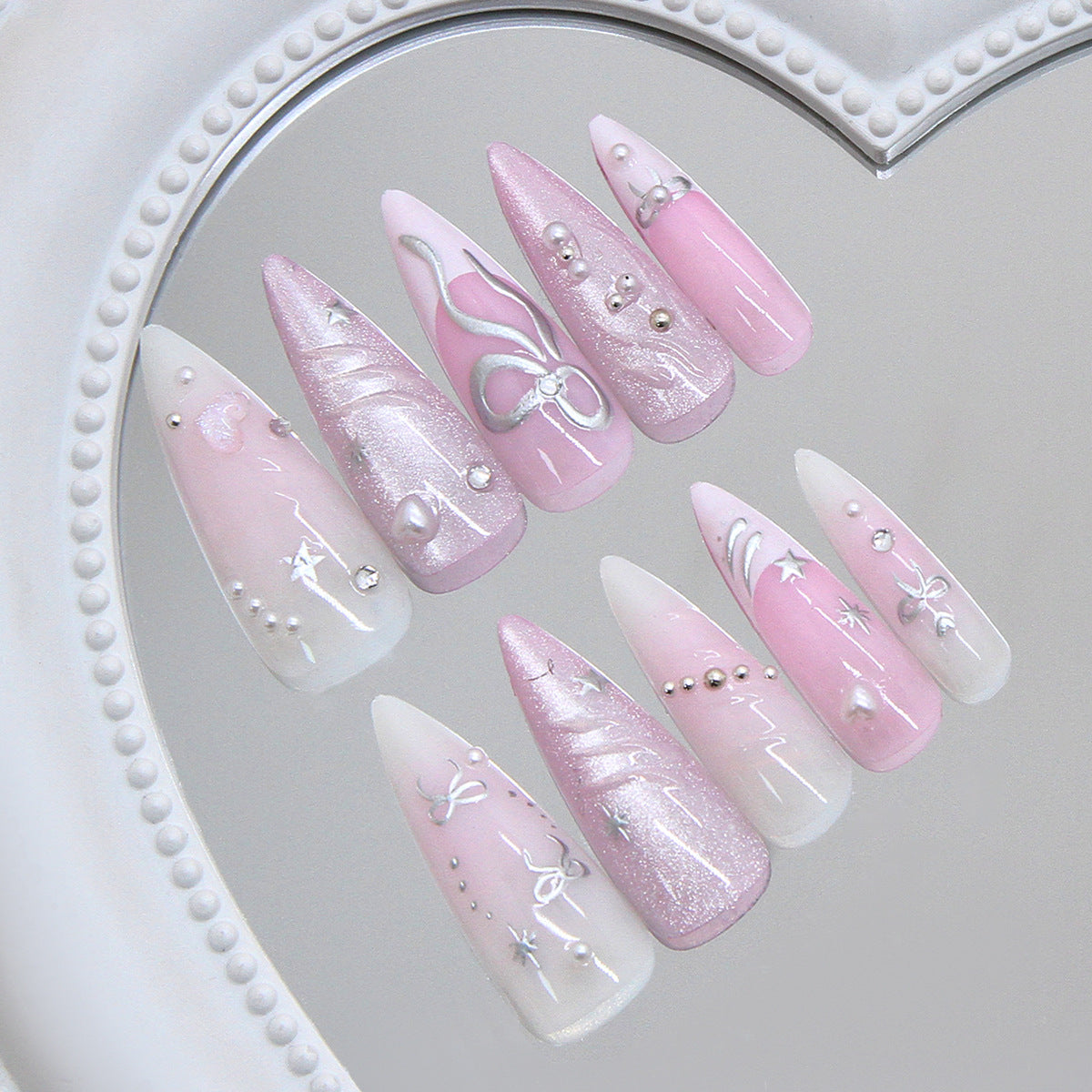 Dreamy Elegance Long Stiletto Pink and White Glittery Press on Nail Set with Pearl Accents
