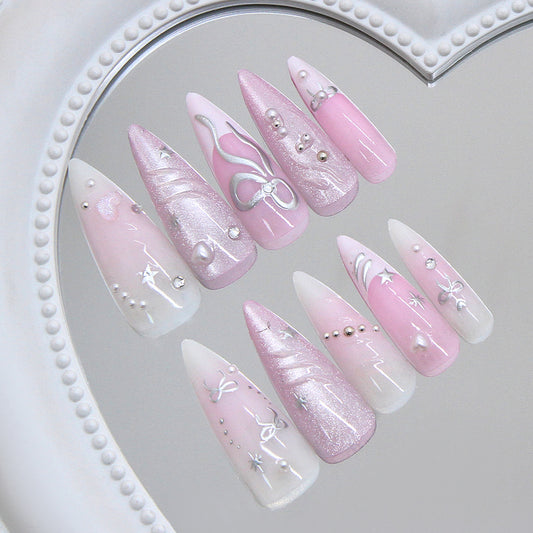 Dreamy Elegance Long Stiletto Pink and White Glittery Press on Nail Set with Pearl Accents