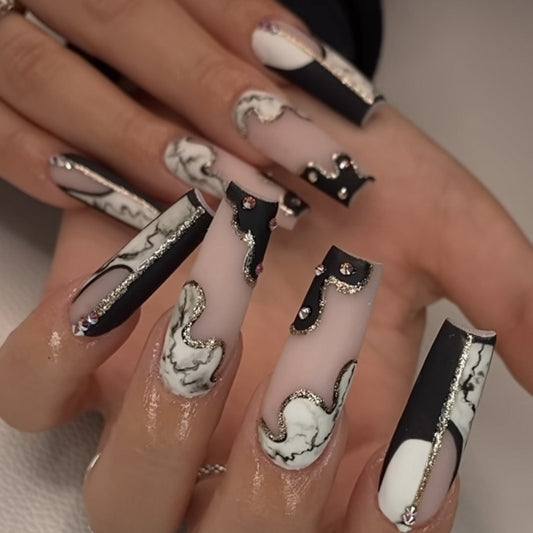 Elegant Marble Affair Long Coffin Black and White Press On Nail Set with Rhinestone Embellishments
