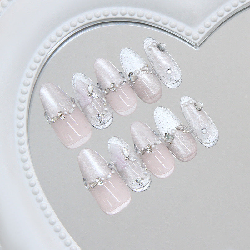 Elegant Whisper Minimalistic Long Almond Shape Soft Pink and White with Sparkling Gem Accents Press on Nail Set