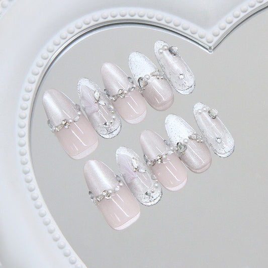 Elegant Whisper Minimalistic Long Almond Shape Soft Pink and White with Sparkling Gem Accents Press on Nail Set