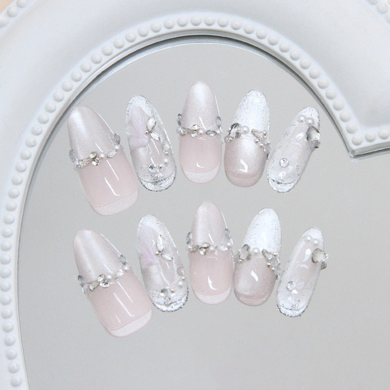 Whimsical Elegance Long Almond Pink and White Press On Nail Set with Sparkling Rhinestone Accents