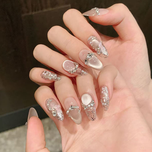 Glamorous Elegance Long Almond Clear with Shimmering Rhinestones and Floral Accents Press-On Nail Set