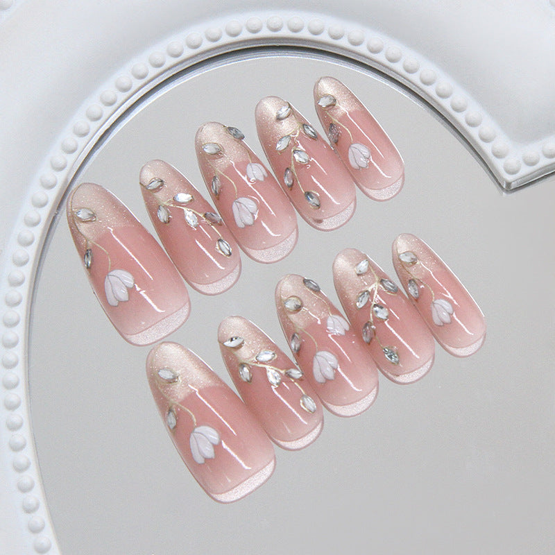 Enchanted Blossom Long Almond Pink Floral Nail Set with Sparkling Accents