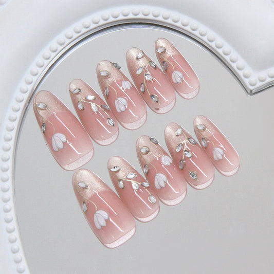 Enchanted Blossom Long Almond Pink Floral Nail Set with Sparkling Accents