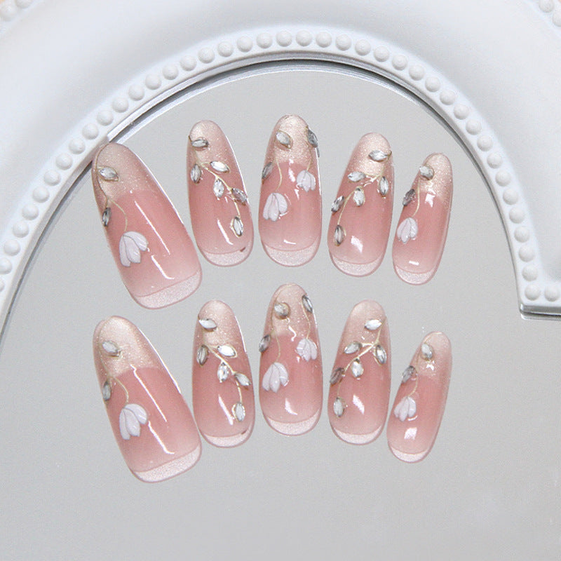 Blooming Elegance Pink Long Almond Press On Nail Set with Floral Design and Glitter Accents